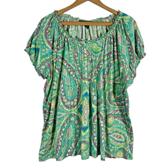 Ralph Lauren Top Size 2X Knit Green Paisley Print Peasant Henley Romantic Boho - Picture 1 of 12